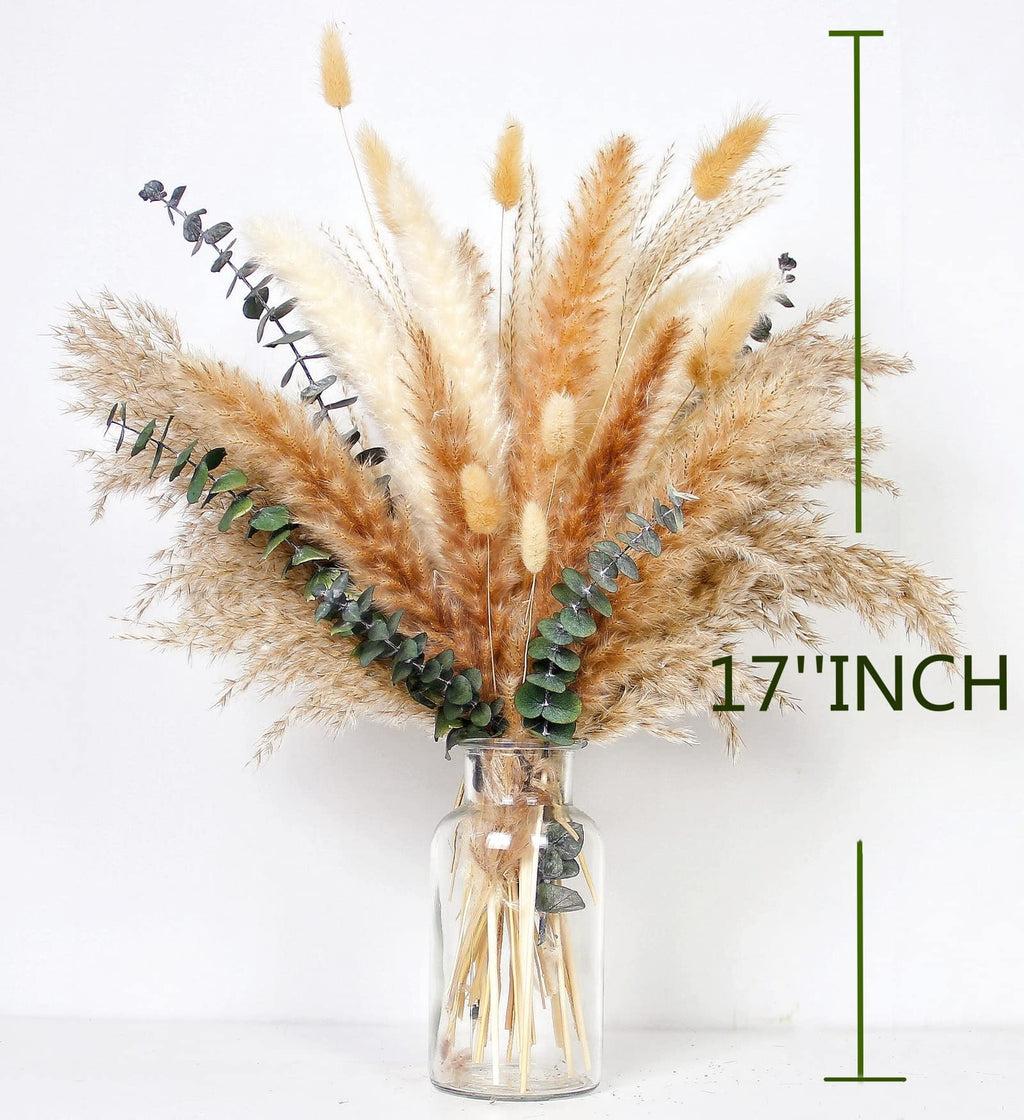 110 PCS of Boho Pampas Grass Decor, Naturally Dried Pompas, Bunny Tails Dried Flowers, and dried eucalyptus. Perfect for Weddings, Boho Party Decorations, and Table Decor.