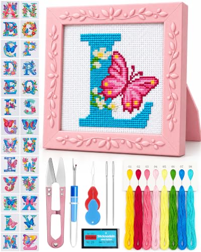 FIVEIZERO Alphabet Cross Stitch Kit, Stamped Cross Stitch Kit for Beginners | A-Z letter designs with stamped canvas, colorful floss and tools for easy DIY embroidery, monograms, gifts and home decor.
