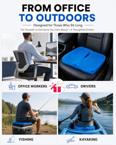 Zacro 3.5in Thick Gel Seat Cushion, Honeycomb Pad for Office Chair, Car | Cooling Gel Seat Cushion for Long Sitting, Ergonomic Hollow Center, Machine-Washable Cover, 16.5x14.6in