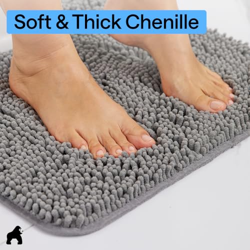 GORILLA GRIP Bath Rug Mat for Bathroom, Absorbent Chenille, 24x17 Gray | Soft Thick Quick Dry Microfiber Mats, Rubber Backing, Machine Washable Tub and Shower Floor Rugs, Home Decor Essentials