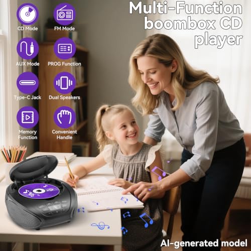 Gueray CD Player Portable Boombox Radio CD Players with Dual Speakers | Bulit-in FM Radio AUX Input Support Headphones Playlist Mode PROG Playback for Outdoor Indoor Audiobooks