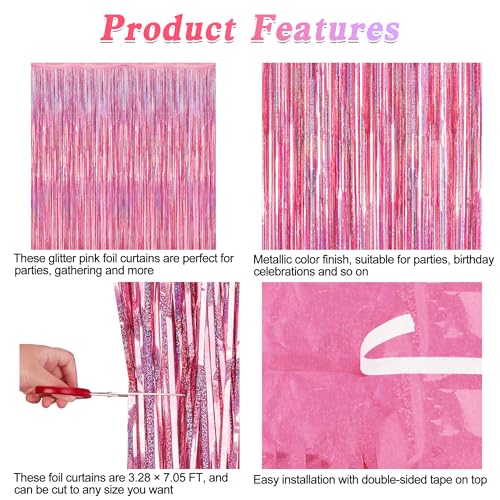 2 Pack Glitter Pink Backdrop, 3.28 FT x 7.05 FT Birthday Party Decorations, Laser Pink Fringe Curtains Foil Streamer Tinsel, Pink Curtains Photo Backdrop Happy Birthday Valentines Day Backdrop