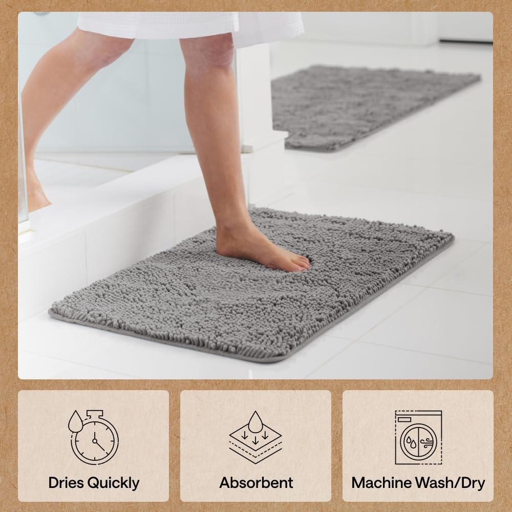 GORILLA GRIP Bath Rug Mat for Bathroom, Absorbent Chenille, 24x17 Gray | Soft Thick Quick Dry Microfiber Mats, Rubber Backing, Machine Washable Tub and Shower Floor Rugs, Home Decor Essentials