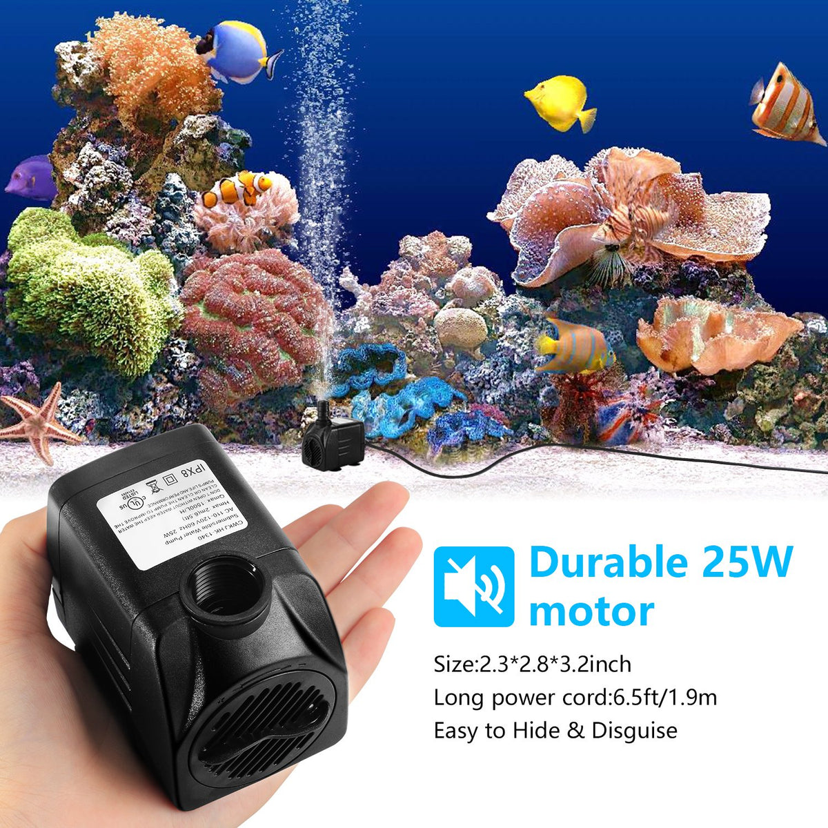 CWKJ 400GPH Submersible Fountain Water Pump with 6.5ft Tubing | 25W,1500L/H Ultra Quiet Outdoor Fountain Pump with 6.56ft High Lift, 6.5ft Power Cord, 3 Nozzles for Aquarium, Pond, Pool
