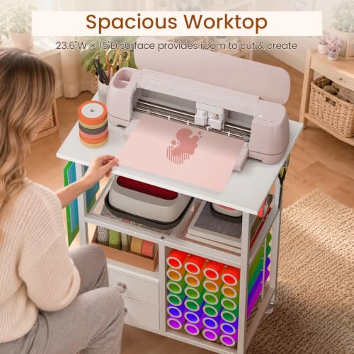 Snughome Rolling Craft Cart for Cricut Machine, Organizer and Storage Stand | 23.6" x 15" Worktop, Large Craft Organizer Cart with 24 Vinyl Roll Holders, 2 Fabric Drawers, 4 Hooks and 4 Silent Casters