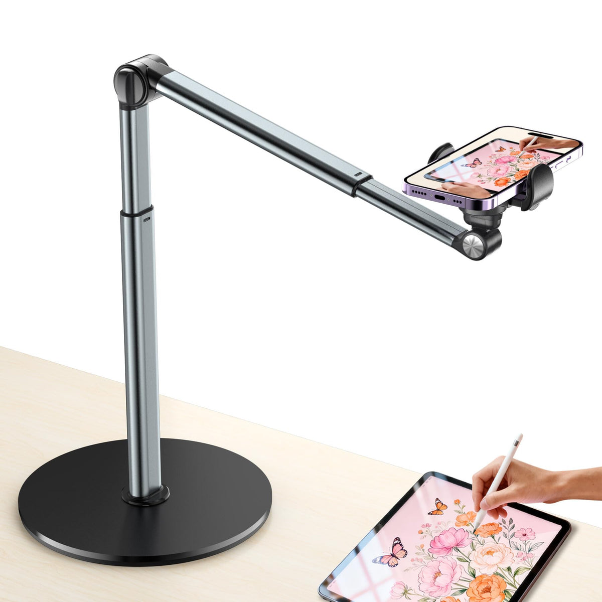 Mionondi Overhead Phone Mount for Video Recording | Aluminum Overhead Tripod for iPhone, Desk Phone Camera Stand for Cooking, Nail Techs, Filming, Live Streaming