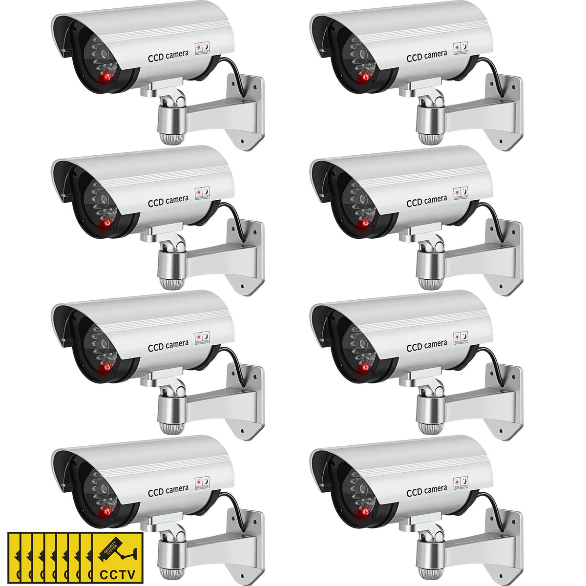 8 Pack Fake Security Cameras with Flashing LED for Home & Residential | Dummy Surveillance Camera, Front Door Backyard Driveway Mailbox Outside & Indoor Security, Fake CCTV, Warning Stickers