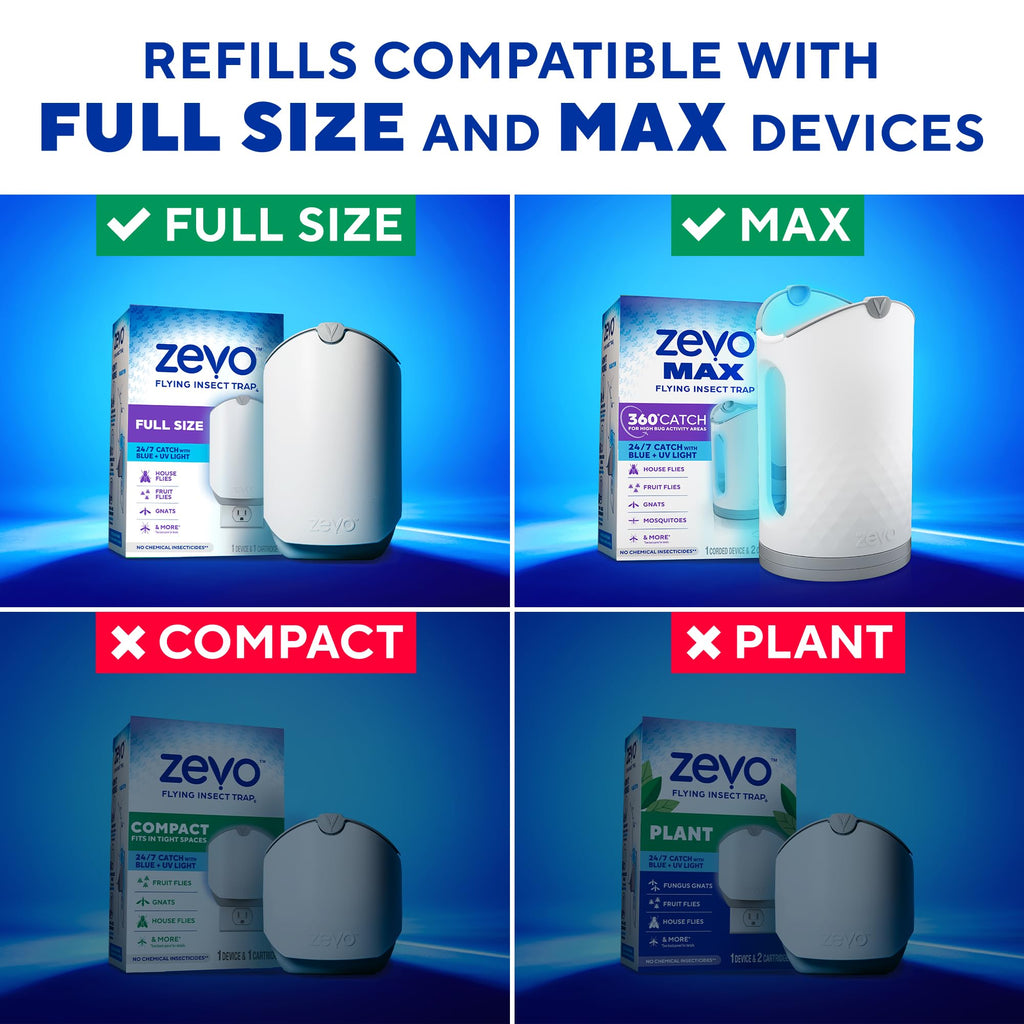 Zevo Flying Insect Trap Refill Cartridges for Fruit Flies & Gnats, 4 Count | Fits Zevo MAX & Zevo Flying Insect Trap, Catches House Flies, Gnats & Fruit Flies 24/7, No Added Fragrance or Dyes