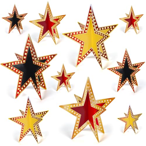 Sinload 45 Piece 3D Glitter Star Centerpieces Red Black Gold Party Decor | 300 Gsm Cardstock with 15 Pieces Per Size in 8" 5" 3" Formats for Standing Hanging Back to School Movie Night Awards Decor