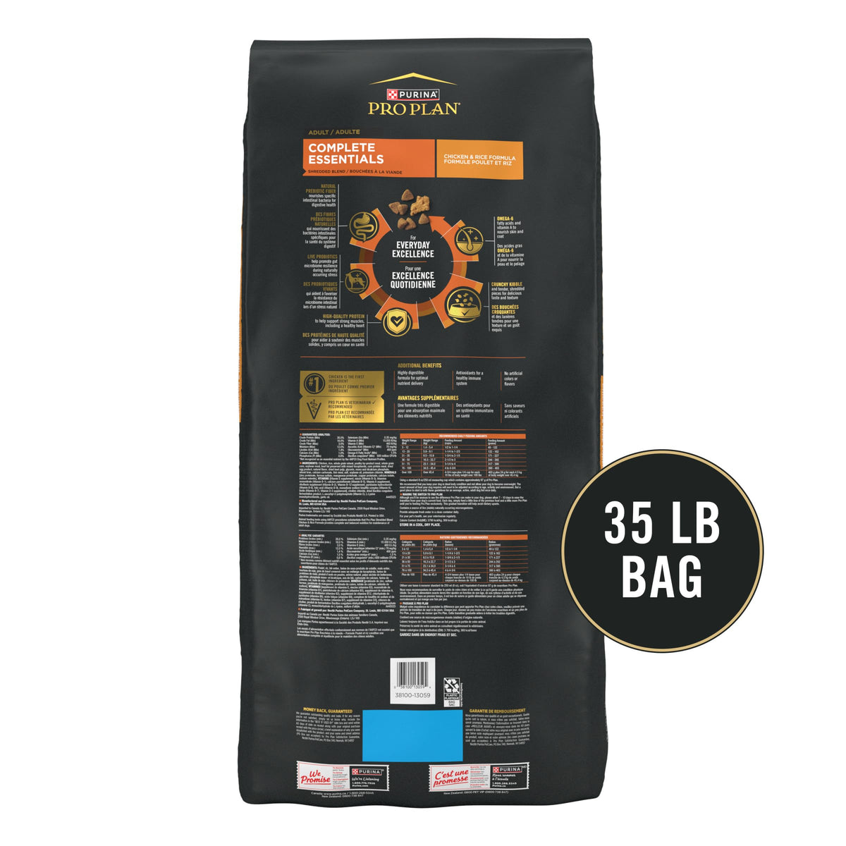 Purina Pro Plan Complete Essentials Chicken & Rice Dry Dog Food, 35 lb Bag | Shredded Blend crunchy kibble with tender pieces, real chicken as the first ingredient, live probiotics for digestive health