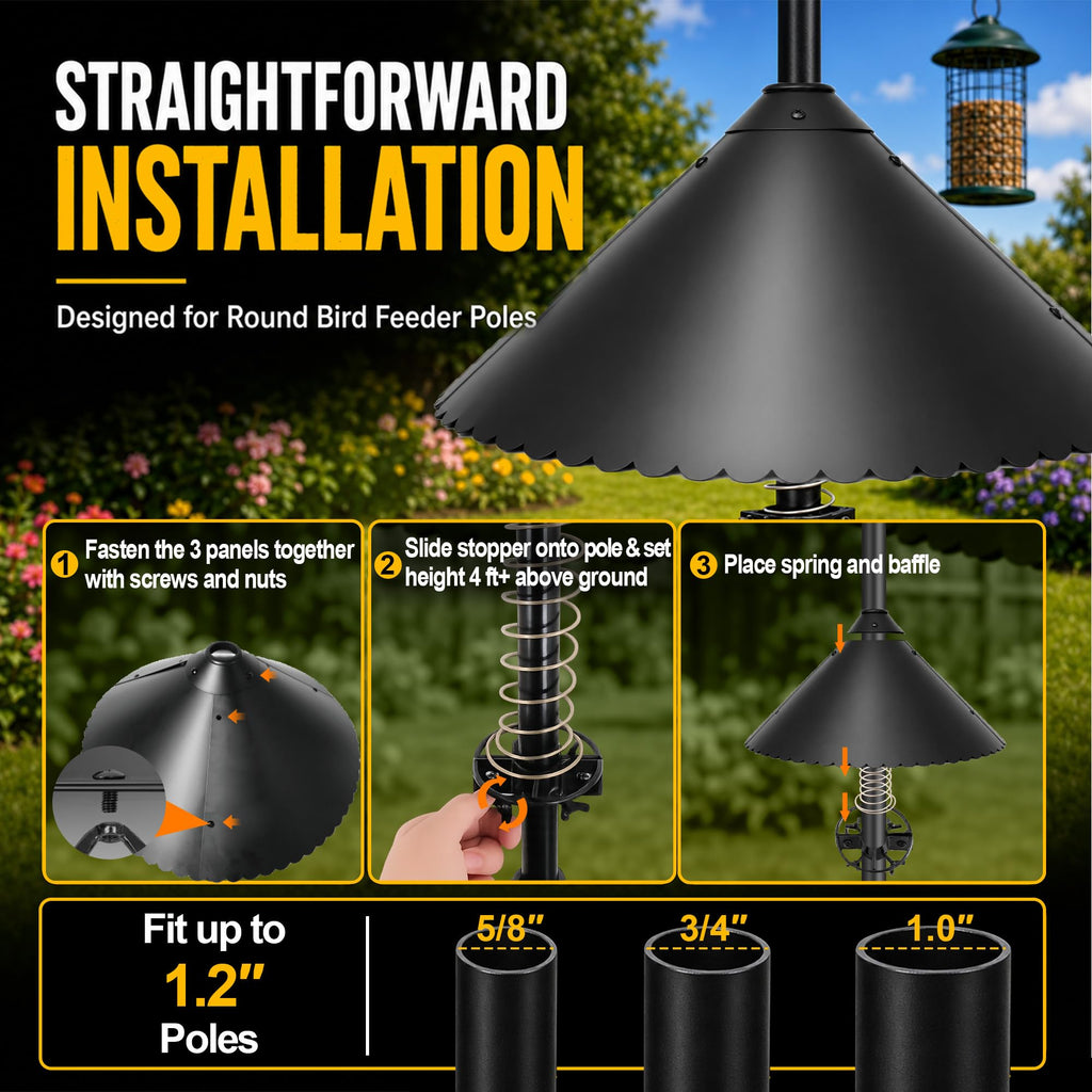 eWonLife 19 inch Metal Squirrel Baffle for Bird Feeder Pole | Easy-Clean Cone, Rust-Resistant Coating, Stainless Steel Wobble Spring, Heavy-Duty Squirrel Deterrent, Easy Installation