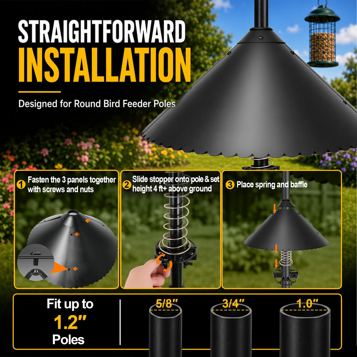 eWonLife 19 inch Metal Squirrel Baffle for Bird Feeder Pole | Easy-Clean Cone, Rust-Resistant Coating, Stainless Steel Wobble Spring, Heavy-Duty Squirrel Deterrent, Easy Installation