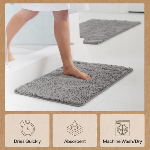 GORILLA GRIP Bath Rug Mat for Bathroom, Absorbent Chenille, 24x17 Gray | Soft Thick Quick Dry Microfiber Mats, Rubber Backing, Machine Washable Tub and Shower Floor Rugs, Home Decor Essentials