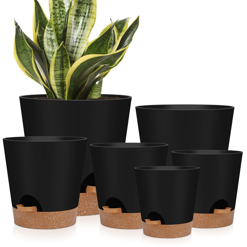 YNNICO 8,7, 6.5, 6, 5.5, 5 Inches Self Watering Planters for Indoor Plants | Black,Drainage Holes and Saucers,Modern Lightweight Plastic Plant Pots for Indoor/Outdoor.