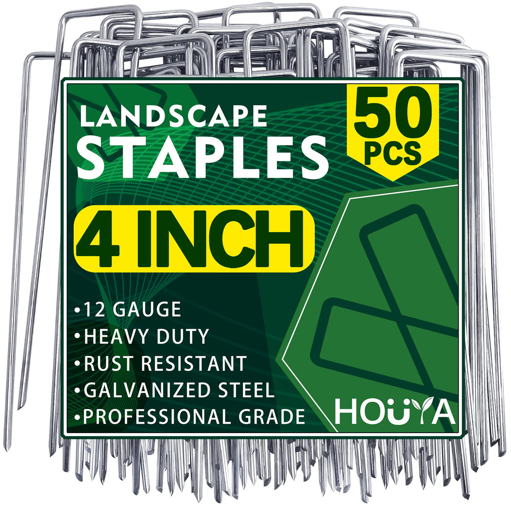 HOUYA 50 Pack Landscape Staples 4 Inch 12 Gauge Garden Stakes | Galvanized Garden Staples Pins Anti-Rust Ground Stakes for Weed Barrier, Irrigation Tubing, Yard Lawn, Landscape Fabric