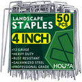 HOUYA 50 Pack Landscape Staples 4 Inch 12 Gauge Garden Stakes | Galvanized Garden Staples Pins Anti-Rust Ground Stakes for Weed Barrier, Irrigation Tubing, Yard Lawn, Landscape Fabric