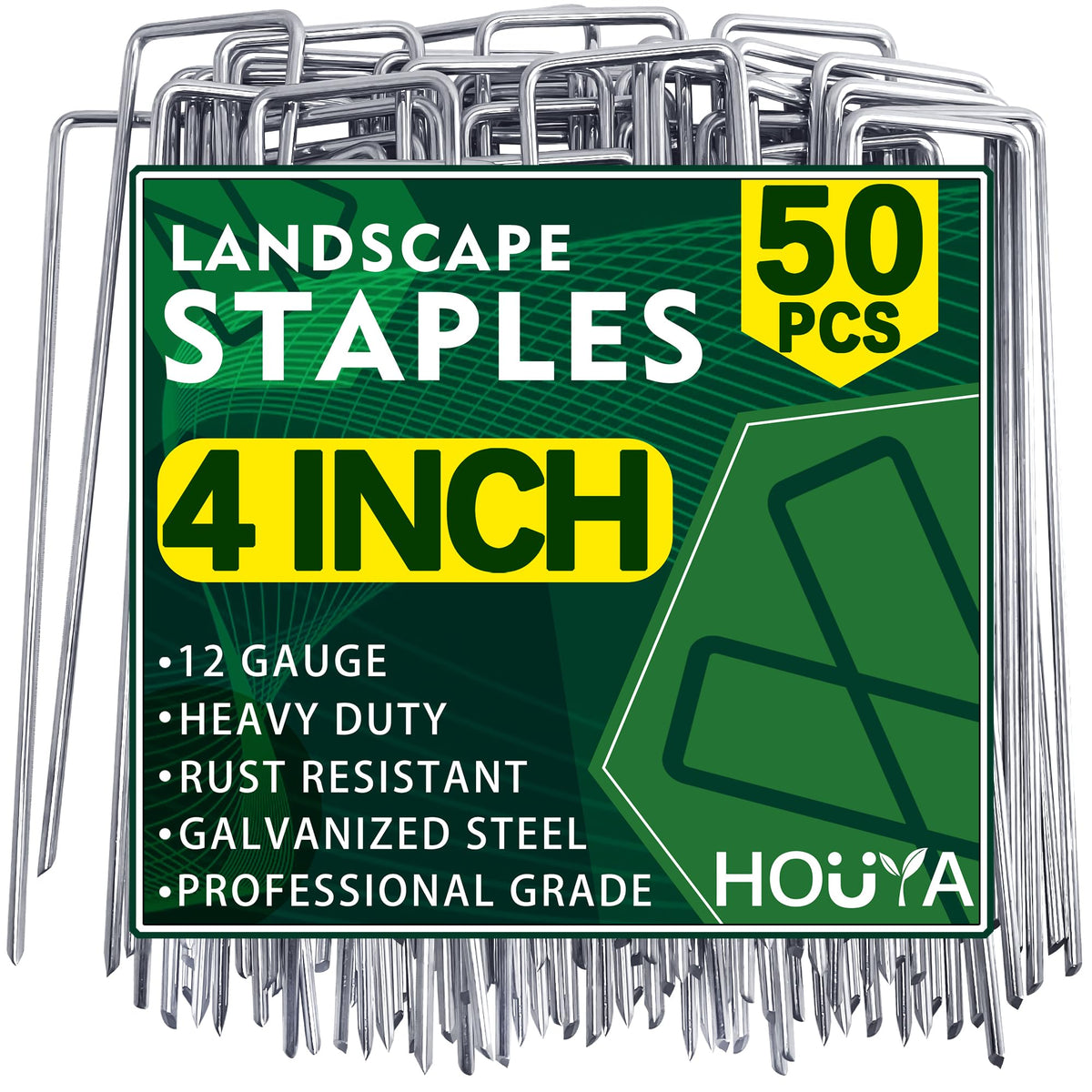 HOUYA 50 Pack Landscape Staples 4 Inch 12 Gauge Garden Stakes | Galvanized Garden Staples Pins Anti-Rust Ground Stakes for Weed Barrier, Irrigation Tubing, Yard Lawn, Landscape Fabric