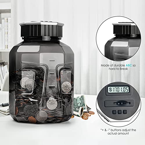 X-Large Piggy Bank for Adults Kids, Digital Coin Counting Bank LCD Counter | Vcertcpl 2.4L Capacity, Great Coin Counter Bank Money Counting Jar with Total Amount Displayed, Bank for All US Coins Gray