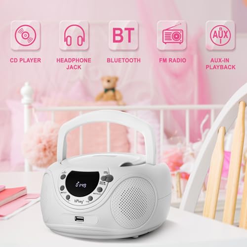 hPlay P16 Portable CD Player Boombox with Bluetooth, White | CD/CD-R/MP3-CD, FM Digital Radio, USB/MP3 Playback, Aux-In & Headphone Jack, AC/Battery Powered