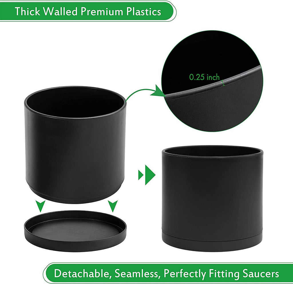 D'vine Dev Plastic Planter Pot with Saucer, 8 in, Black, 74-X-B-1 | Lightweight Matte Finish, Cylinder Shape, Drainage Holes, Sleek Minimalist Design, Detachable Saucer, Easy Maintenance