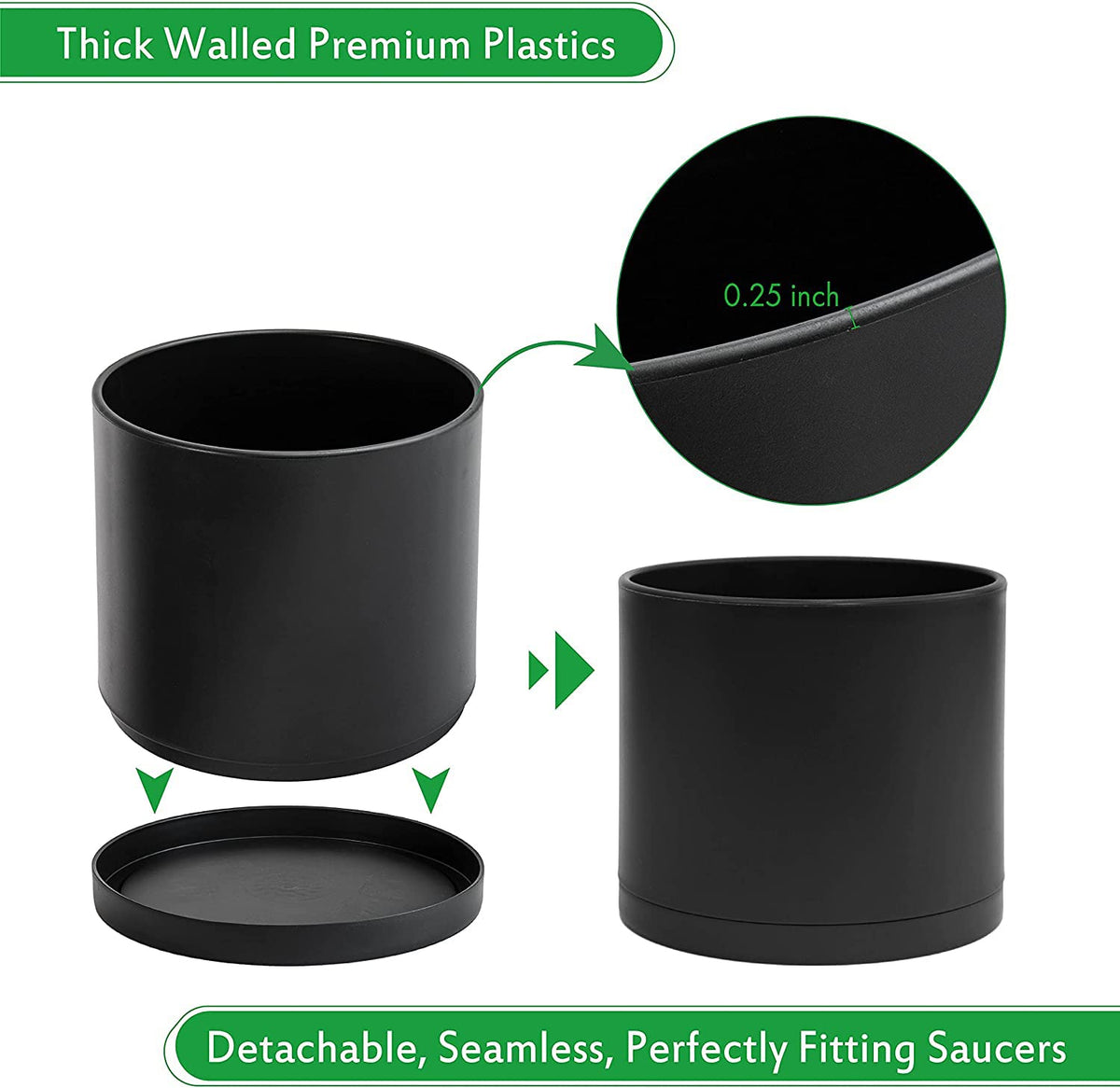 D'vine Dev Plastic Planter Pot with Saucer, 8 in, Black, 74-X-B-1 | Lightweight Matte Finish, Cylinder Shape, Drainage Holes, Sleek Minimalist Design, Detachable Saucer, Easy Maintenance