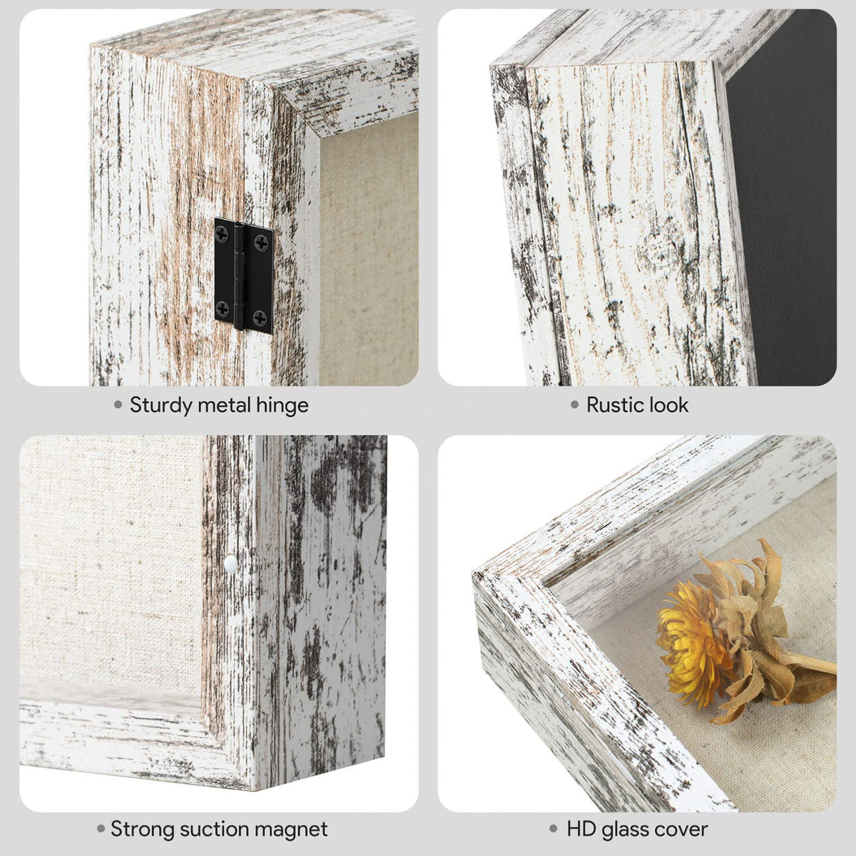 Califortree 8x10 Shadow Box Frame with Linen Back - Real Glass, Push Pins Included, Sturdy Rustic Memory Display Case, Fits 6.8x8.8 Inserts, Distressed White