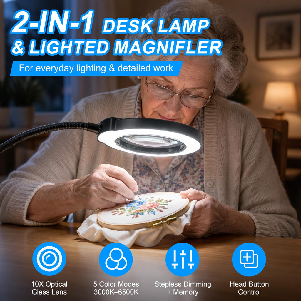 LED Desk Magnifying Lamp with Clamp,10X Magnifying Glass with Light | 5 Color Modes Stepless Dimmable Magnifier Light 3000K-6500K, 5V/2A USB Powered Hands Free Flexible Goose-Neck