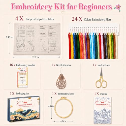 spicssa Beginner Embroidery Stitch Book Kit, 79 Stitches, Video Tutorials