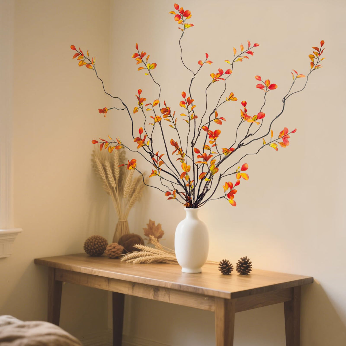 4 Pcs Fall Stems Artificial Ficus Branches Faux Eucalyptus Stems Fall Decor | 47.2 Inch Fake Leaves Fall Decorations for Home, Autumn Table Decor Fall Branches for Vase Filler Centerpieces