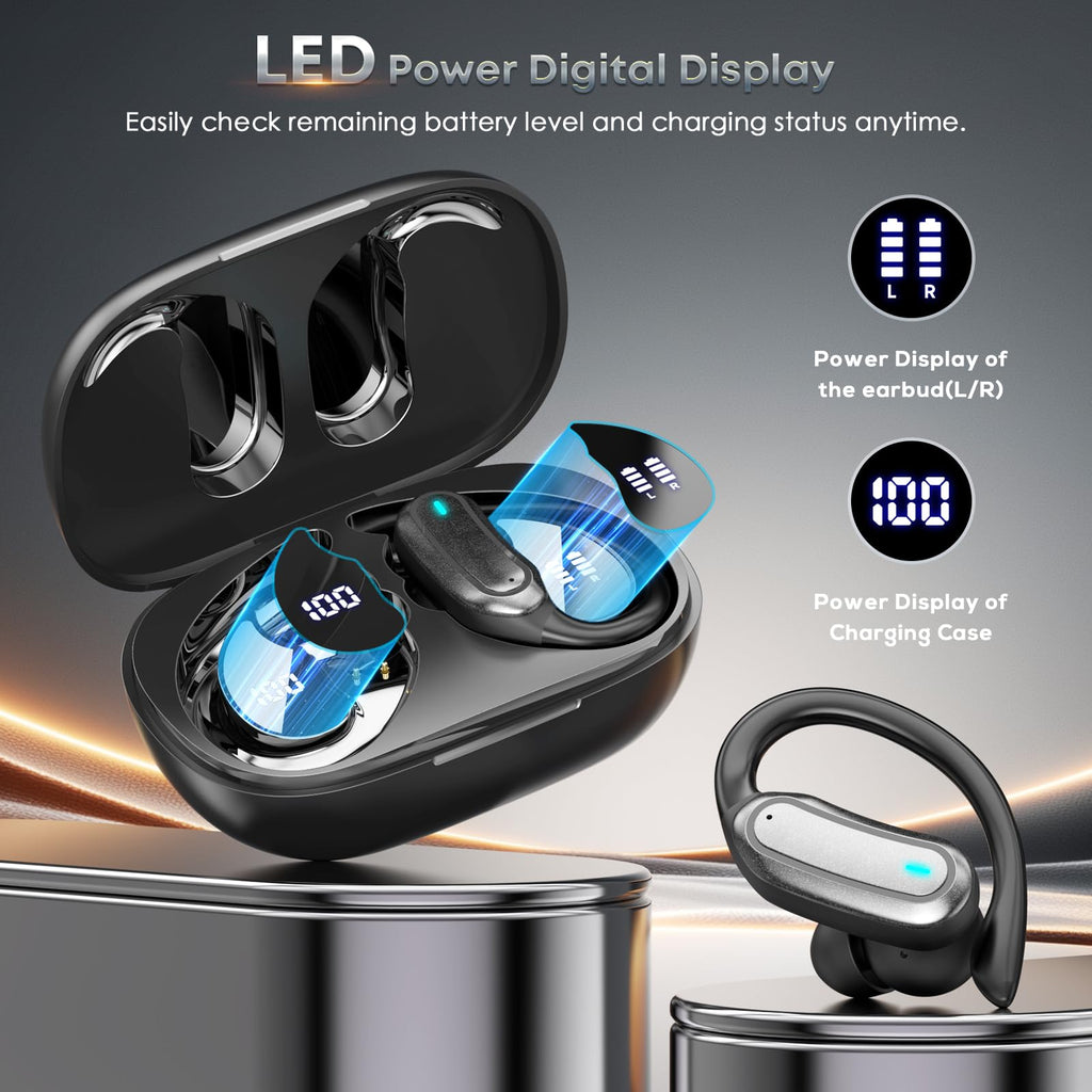 Wireless Earbuds Bluetooth Headphones, 54H Playtime Stereo Over Ear Buds with ENC Noise Cancelling, LED Power Display, IPX7 Waterproof Sport Earphones with Earhooks for Running/Workouts (Black)