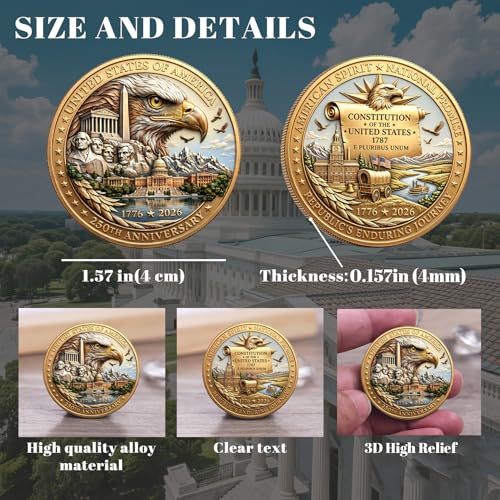 USA 250th Anniversary Commemorative Coin - American Eagle & Patriotic Symbols Collectible - America 250 Merchandise for Celebration & Gifting (1776-2026) (250th-Presidents-eagle)
