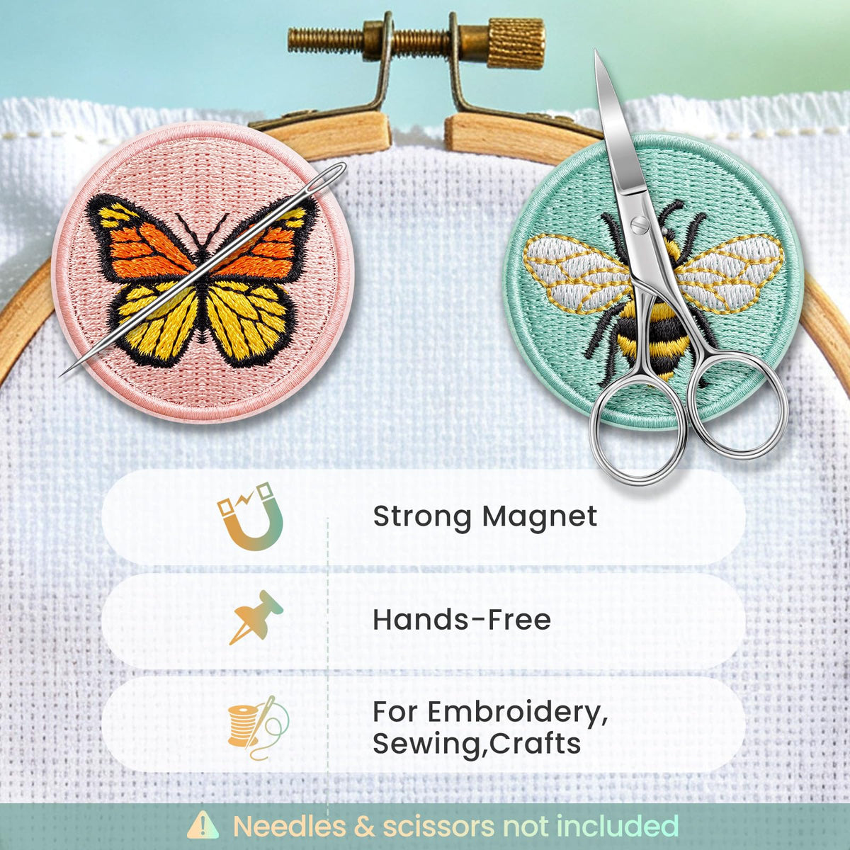 DELLAN 2-Pack Magnetic Needle Minder for Cross Stitch & Embroidery | Magnet keeper for cross stitch, embroidery, quilting & needlepoint Cute bee & butterfly sewing craft gifts