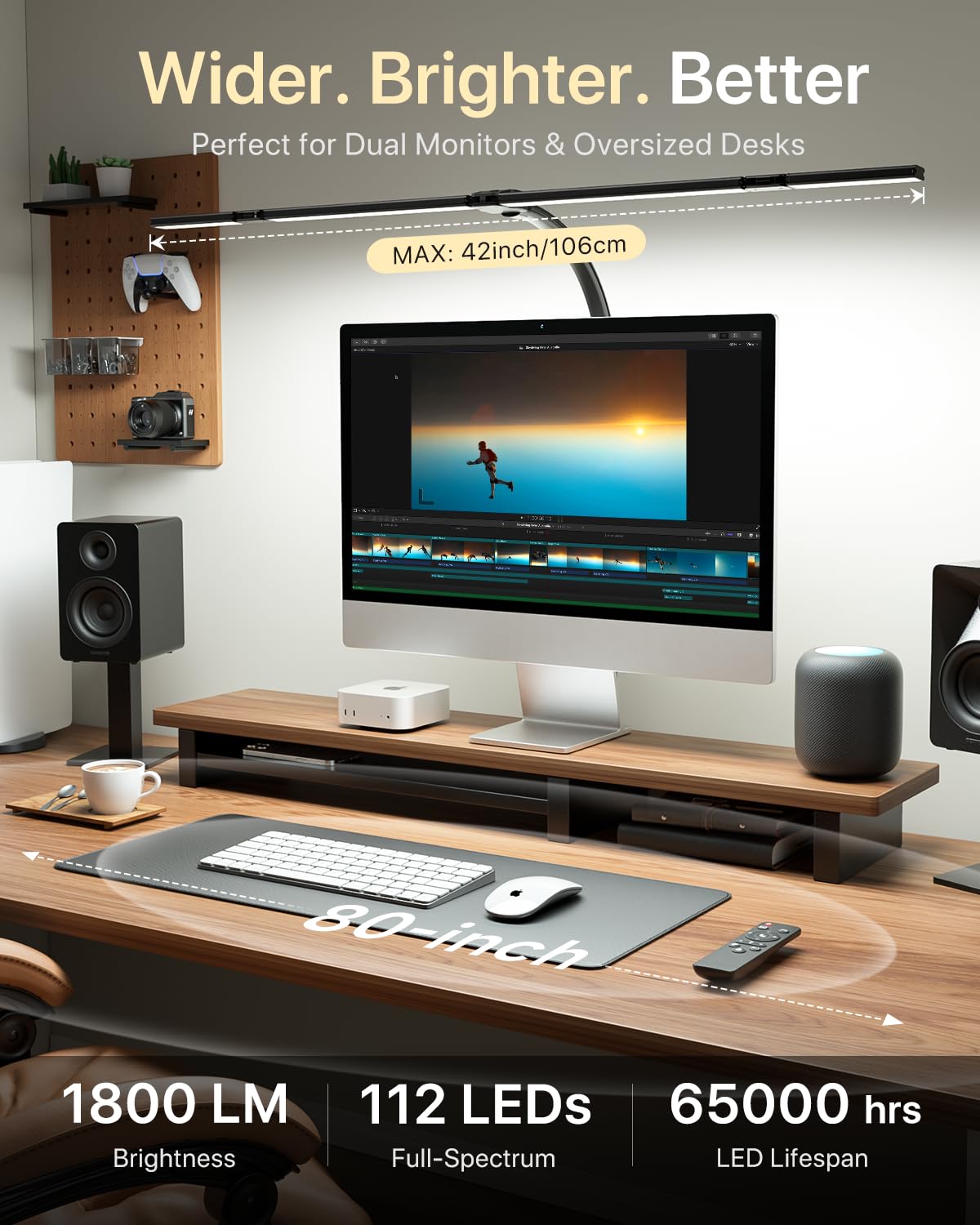 ONEMIX 42" Desk Lamp for Home Office with Clamp, 1800LM 4-Panel LED Light | 5 Colors & 5 Brightness Levels, Flexible Gooseneck, Focused/Wide Lighting, Flicker-Free for Dual Monitors, Study & Workbench