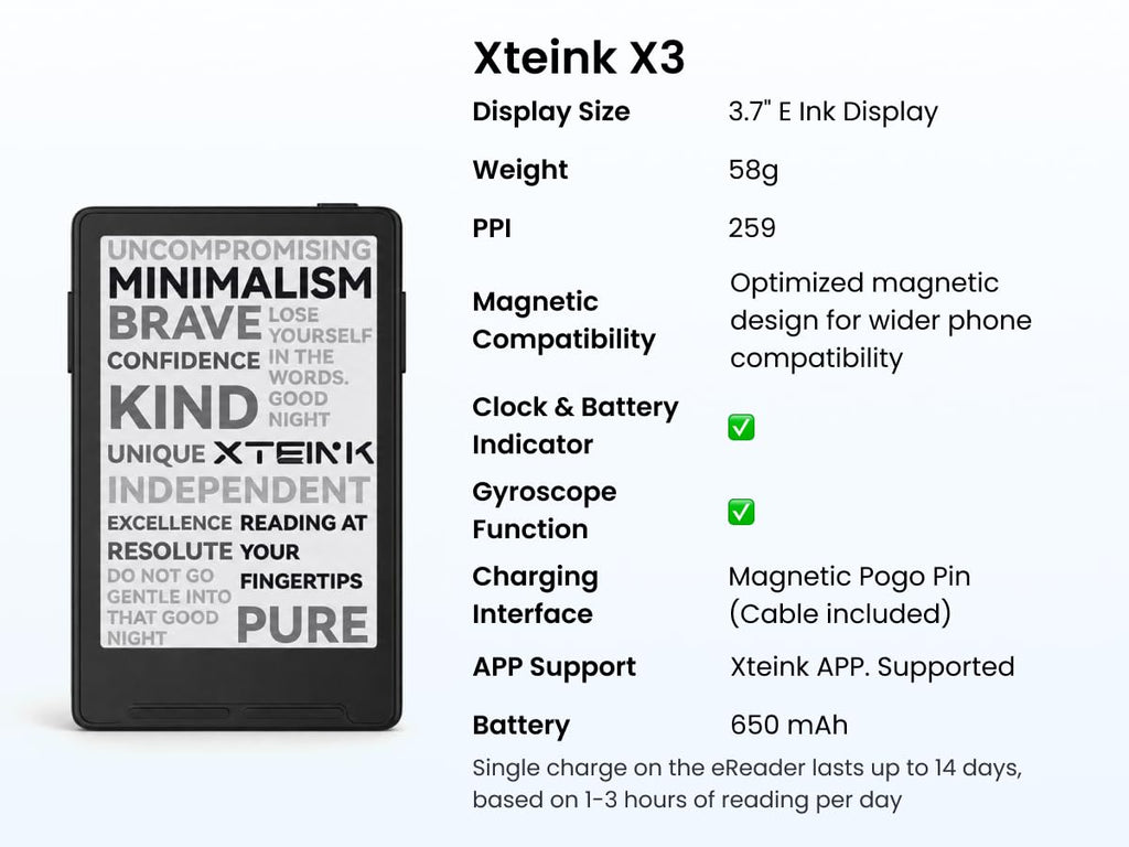 XTEINK X3 3.7" Pocket E-Ink eBook Reader,58g,Magnetic, Mini Ereader Devices | Ultra-thin 0.2" design with magnetic pogo-pin charging, gyroscope page-turn, 16GB storage, and distraction-free reading