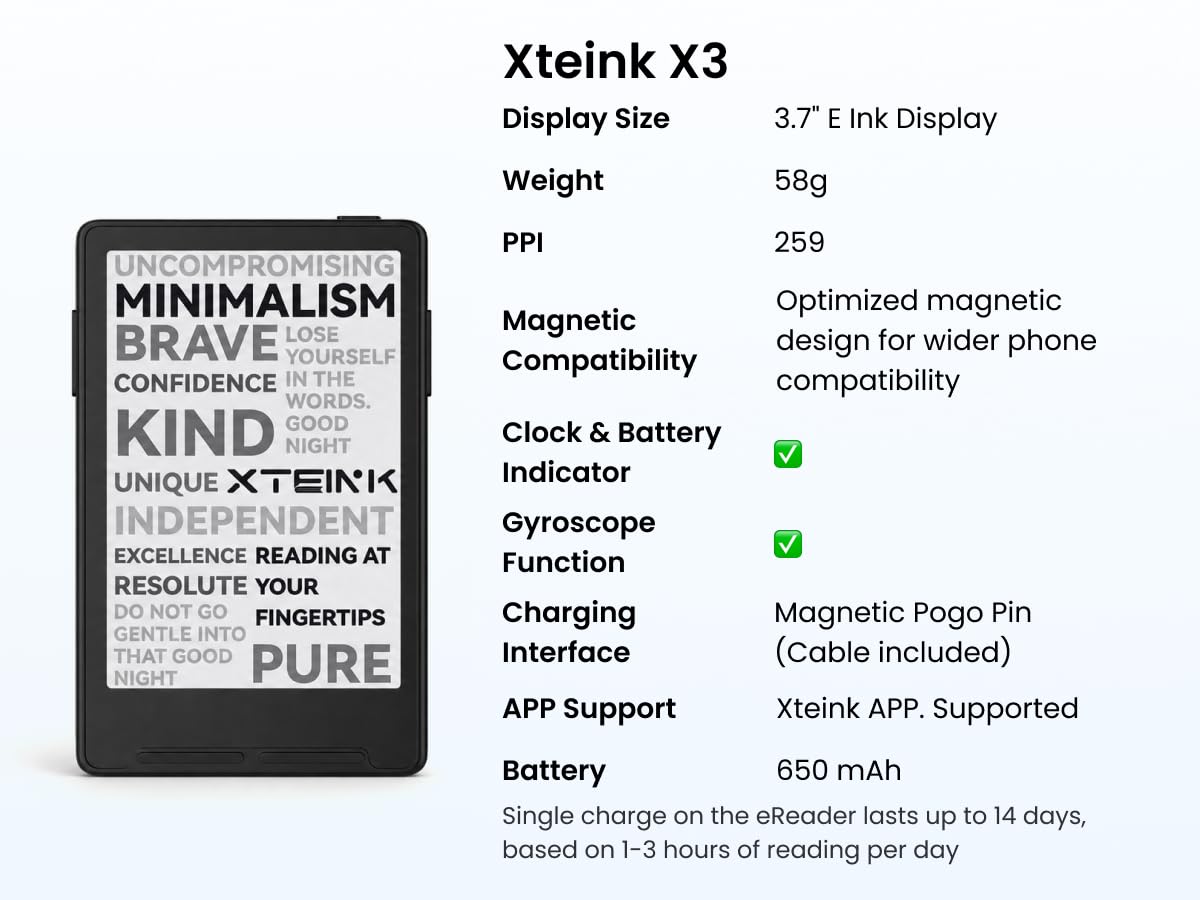XTEINK X3 3.7" Pocket E-Ink eBook Reader,58g,Magnetic, Mini Ereader Devices | Ultra-thin 0.2" design with magnetic pogo-pin charging, gyroscope page-turn, 16GB storage, and distraction-free reading