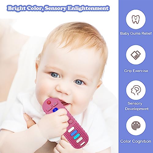 ROBBEAR Baby Teething Toys, Food Grade Silicone Teether for Babies 3 6 12 18 Months, TV Remote Shape Toddlers Chew Toys, Freezer BPA Free (Pink RC)