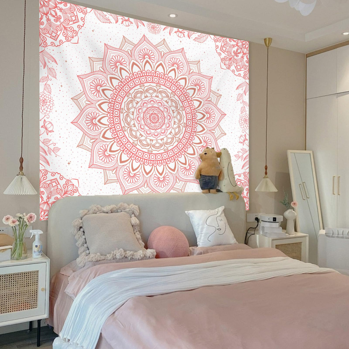 Apdidl Pink Boho Wall Tapestry for Bedroom,Mandala Bohemian Tapestries Girl | Girls Large Light Pink and White Cute Room Wall Hanging, Floral Hippy Flowers Teen Wall Decor Art Aesthetic for Dorm 51"X60"