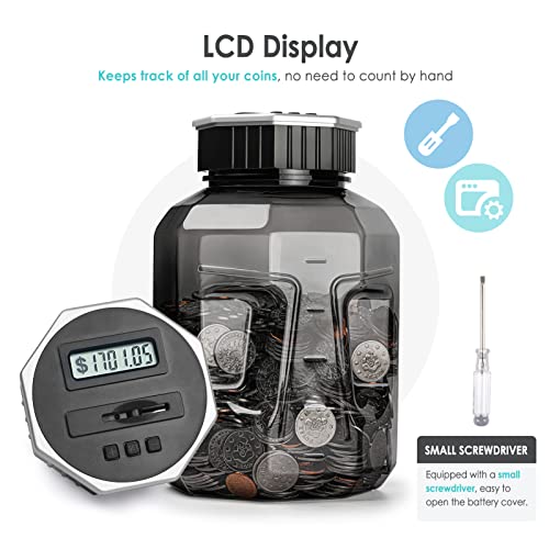X-Large Piggy Bank for Adults Kids, Digital Coin Counting Bank LCD Counter | Vcertcpl 2.4L Capacity, Great Coin Counter Bank Money Counting Jar with Total Amount Displayed, Bank for All US Coins Gray