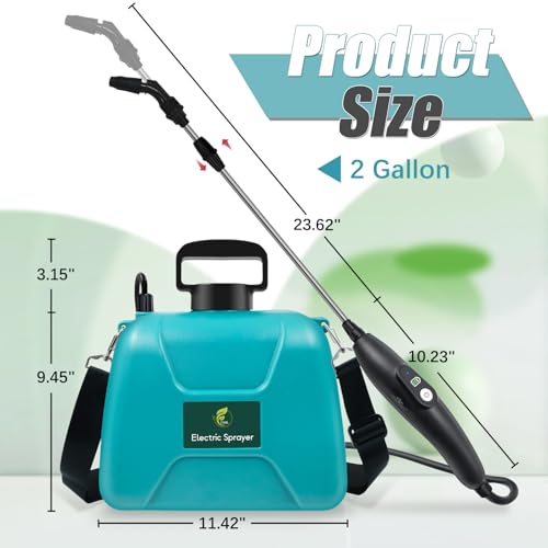 2 Gallon Battery Powered Sprayer, Electric Pump Sprayer in Lawn and Garden | USB Rechargeable Handle, 3 Mist Nozzles, Retractable Wand, Yard Sprayers with Adjustable Shoulder Strap for Yard, Garden