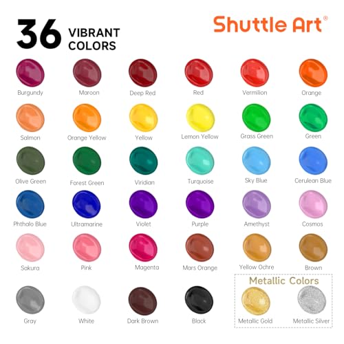 Shuttle Art Acrylic Paint, 36 Colors Acrylic Paint Set with Brushes & Palette, 2oz/60ml Bottles, Rich Pigments Non-toxic for Artists Kids & Adults, Painting on Canvas Rocks Ceramic Wood