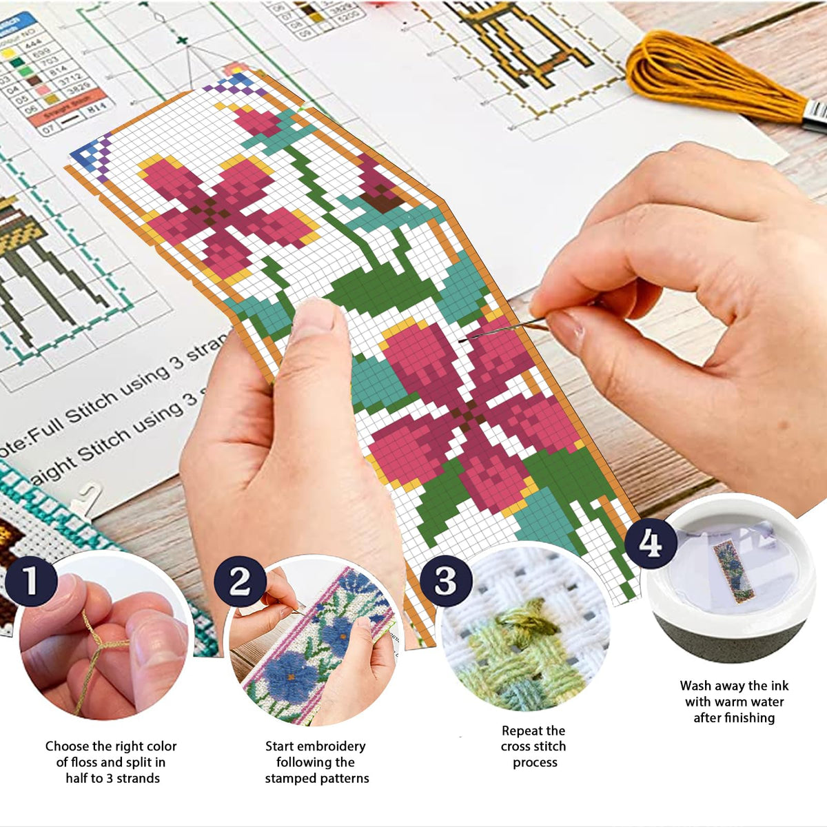 ORIGACH 6 Set Wildflower Floral Cross Stitch Bookmark Kit for Beginner | 11CT Stamped Cross Stitch Kit DIY Embroidery Bookmark Set with Backing Felt Floss Instructions for Adults, Book Lovers