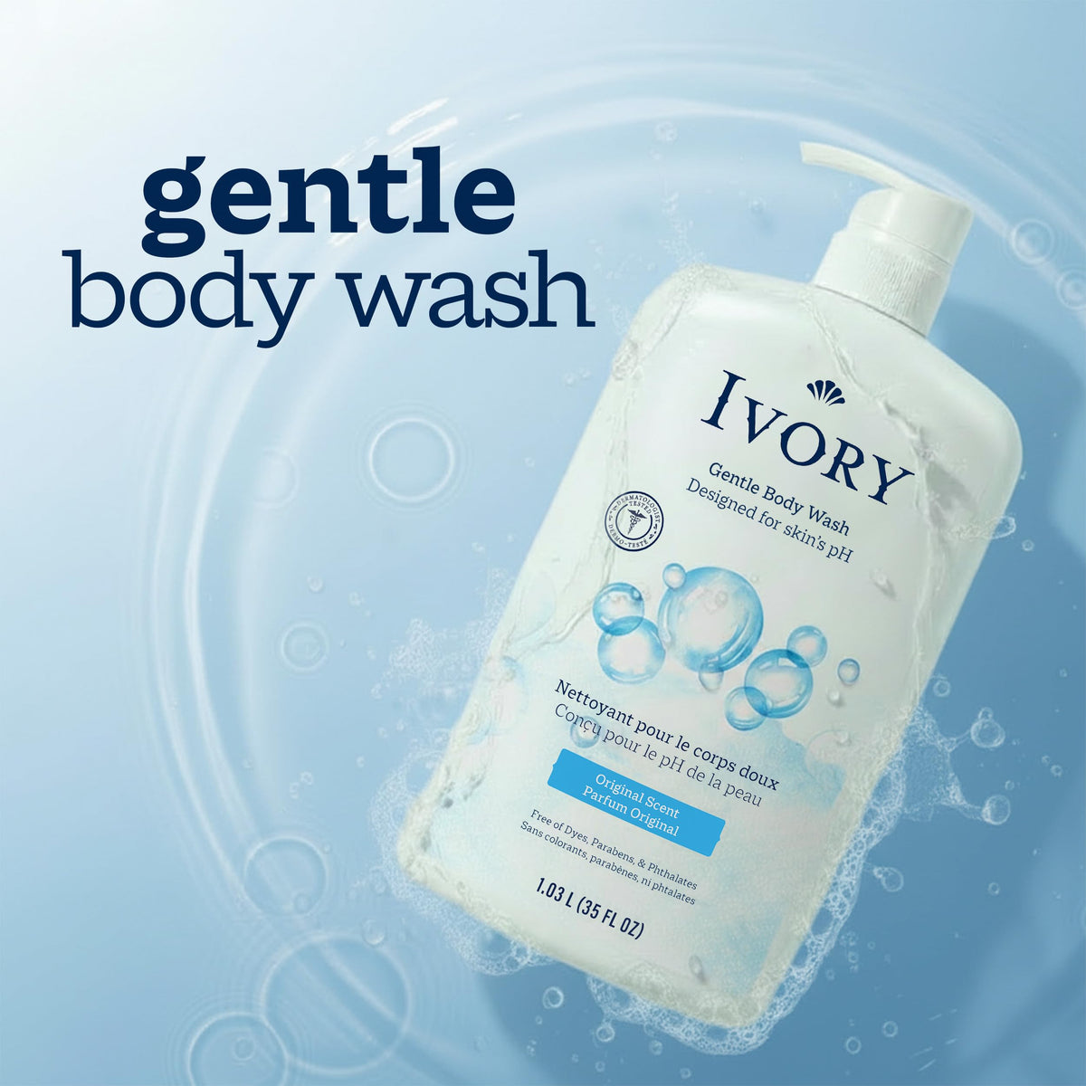 Ivory Body Wash Designed for the Whole Family, Original Scent, 35 fl oz | Gentle Formula for Sensitive Skin | Free of Dyes, Parabens, & Phthalates | Plant-Based Cleaning Power Designed for Skin's pH