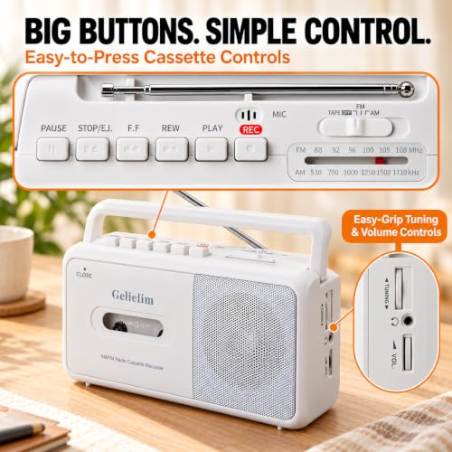 Cassette Tape Player, Portable Radio Cassette Player, Tape Recorder Cassette Player with Speaker,Headphone Jack, Battery/AC Power Casette Player, for Home and Travel, Elderly Gift,White