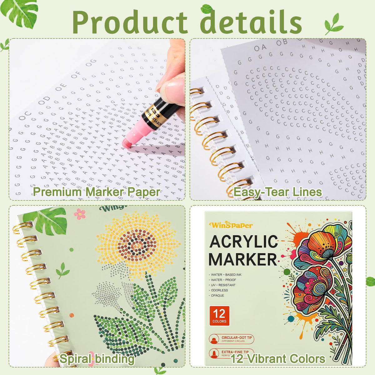 Coloring Book for Adults Dot Marker Set, 1 Pad & 12 Acrylic Paintbrushes | Single-sided tear-out pages with varied dot art themes for portable creative downtime