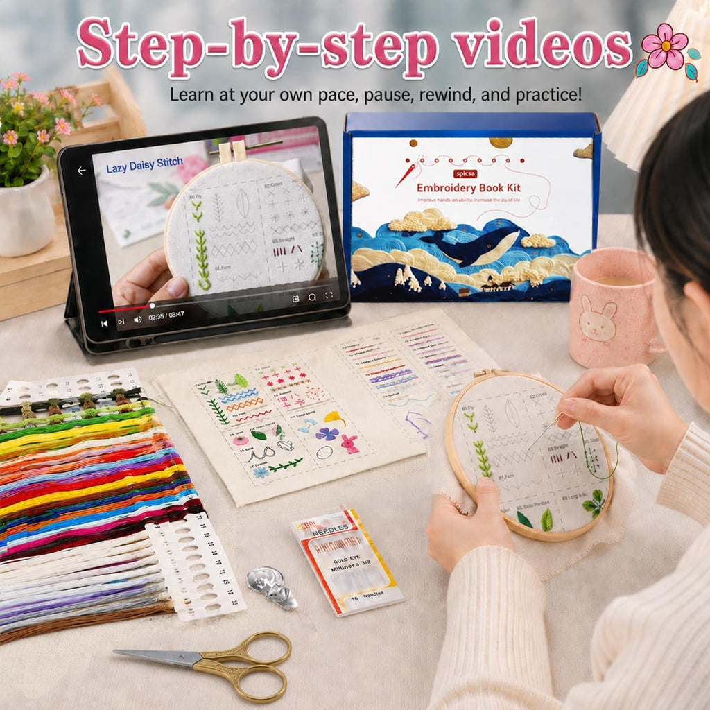 spicssa Beginner Embroidery Stitch Book Kit, 79 Stitches, Video Tutorials