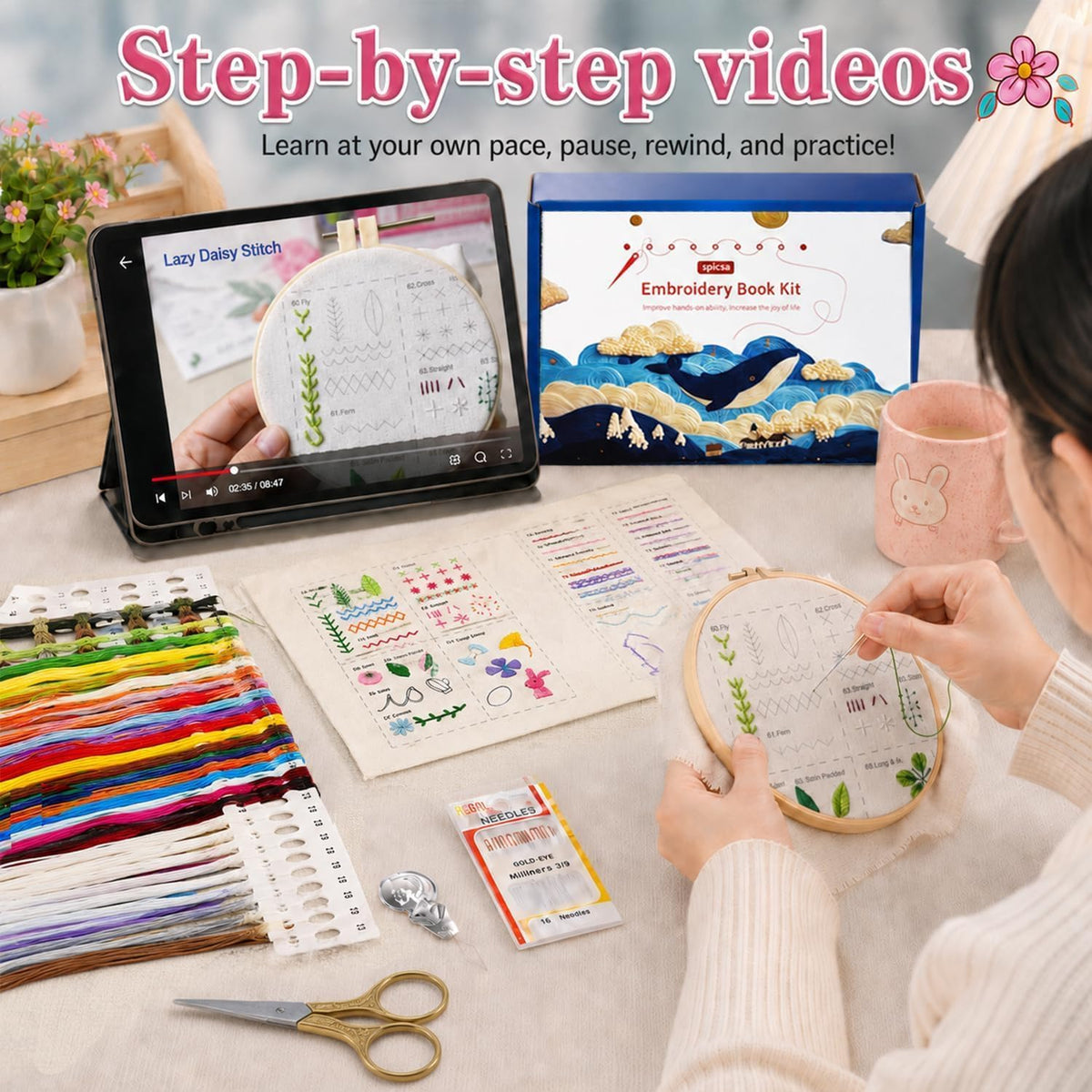 spicssa Beginner Embroidery Stitch Book Kit, 79 Stitches, Video Tutorials