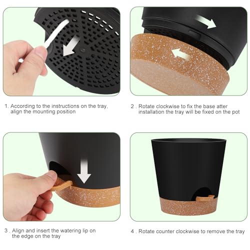 YNNICO 8,7, 6.5, 6, 5.5, 5 Inches Self Watering Planters for Indoor Plants | Black,Drainage Holes and Saucers,Modern Lightweight Plastic Plant Pots for Indoor/Outdoor.