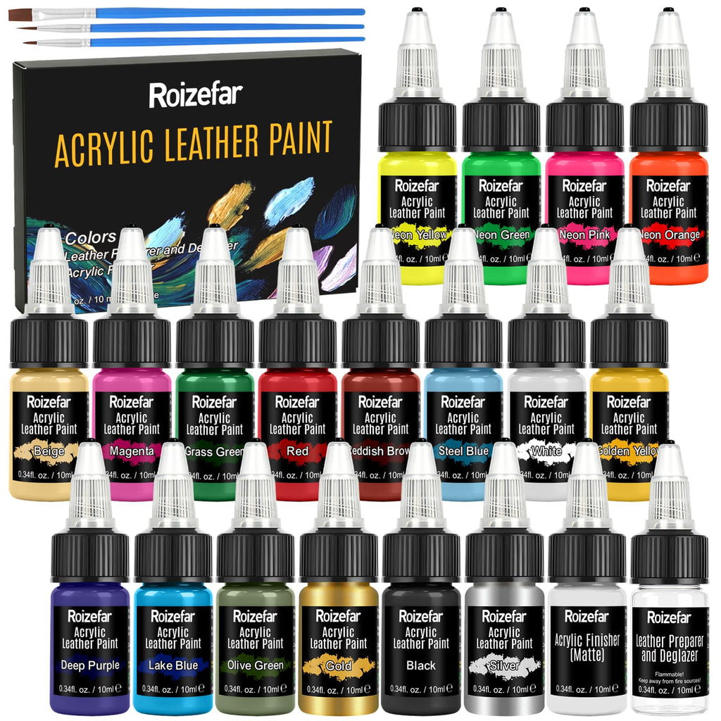 Roizefar Acrylic Leather Paint, 18 Colors with Deglazer & Finisher | All-in-One Kit, Flexible & Waterproof Leather Dye for Shoes, Bags, Jackets, Sneakers, Car Seats, Sofa, 0.34 fl oz Each
