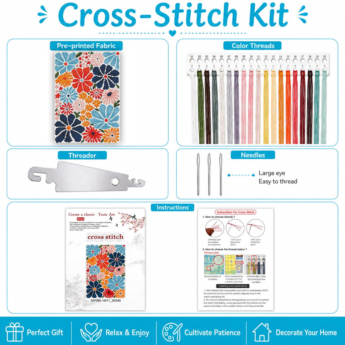 Stamped Cross Stitch Kits for Beginners-Modern Retro Floral,12x16in | 11CT Cross Stitch Kits for Adults,Partial Cross-Stitch Kit,DIY Arts and Crafts,Embroidery Kit for Adults Beginners,Frameless