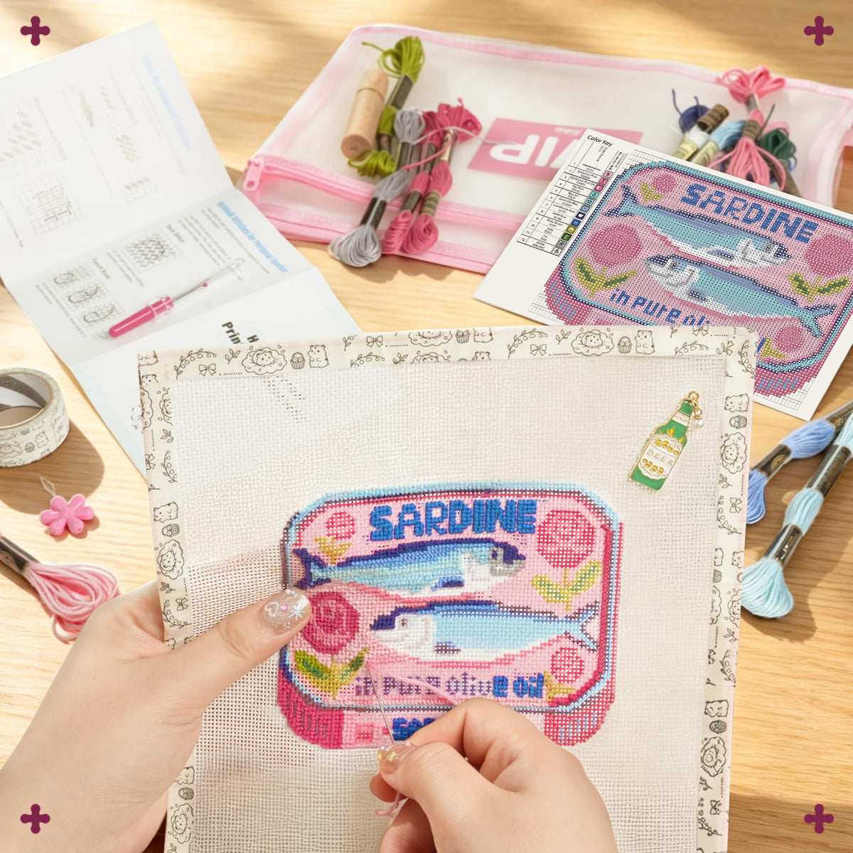 Kaitiaki 18 mesh Needlepoint Canvas Kit, 8 in Painted Canvas Set with Embroidery Floss, Needles, Guide Card, Instruction, Threader, Scissors & Project Bag for Crafter Gift(Sardine)